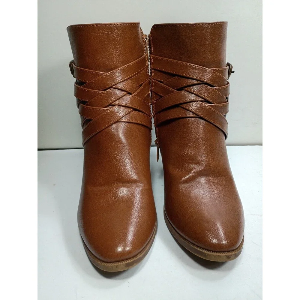 Forever women's three buckle cognac  boots mid heel size 9